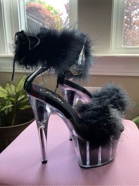 Pleaser Flamingo-724F Marabou Fur Ankle Cuff Sandals - 7 Inch Heel, NIB